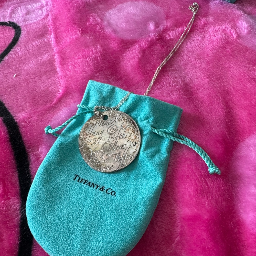 Tiffany & Co. Engraved Silver Disc Necklace Tiffany Notes